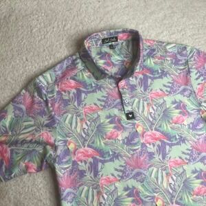 Bad birdie men's flamingo floral pink blue short sleeve polo golf stretch L